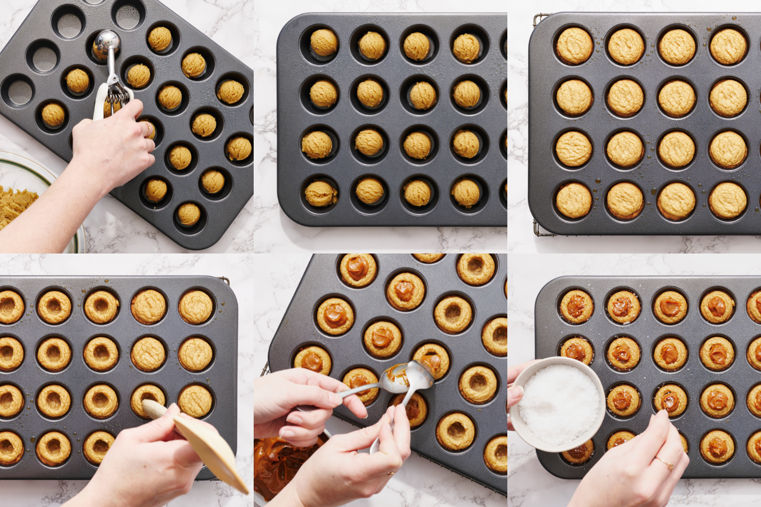 collage of six images showing how to scoop the cookie dough into mini muffin pans, unbaked dough, baked cookies, how to use the end of a wooden spoon to create the 'cup', spooning the dulce de leche into the cavity, and sprinkling with salt.