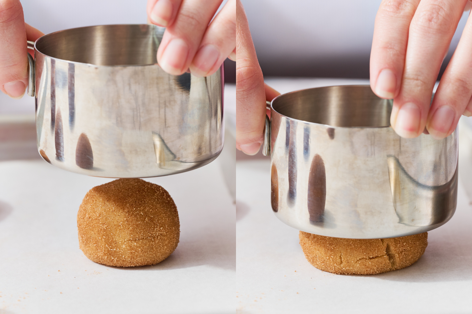 side-by-side images showing Tessa gently pressing down the cookie dough to flatten slightly before baking.
