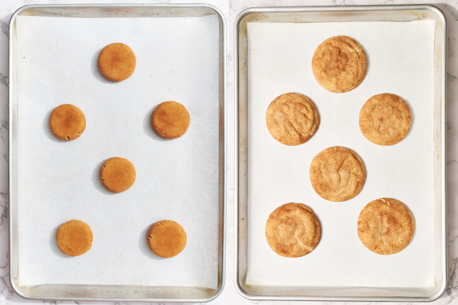 two side-by-side baking trays, showing before and after baking.