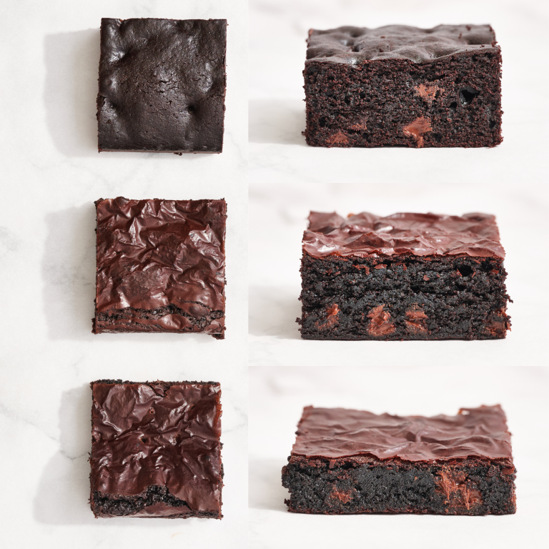 side-by-side brownies made with varying amount of sugar to compare the differences.