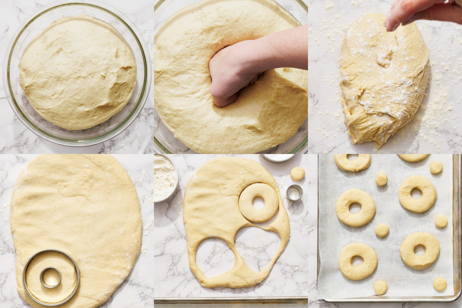 collage of images showing how to roll out and cut out the doughnut dough before rising and frying.