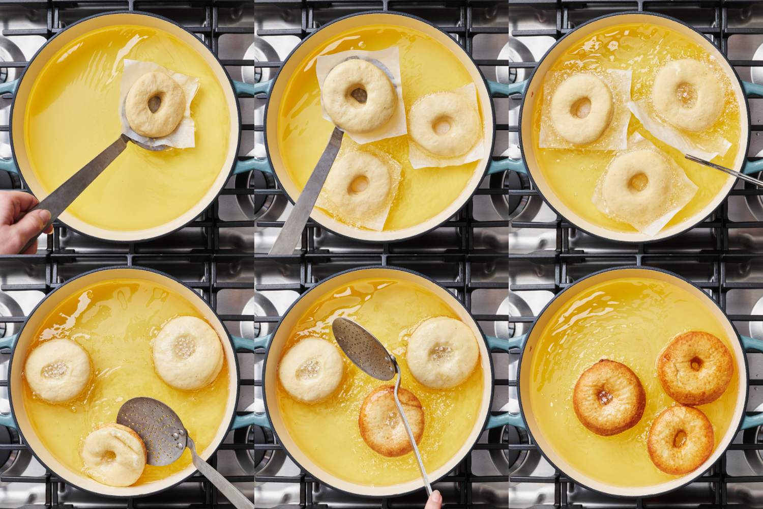 a collage of six images showing how to fry the doughnuts.