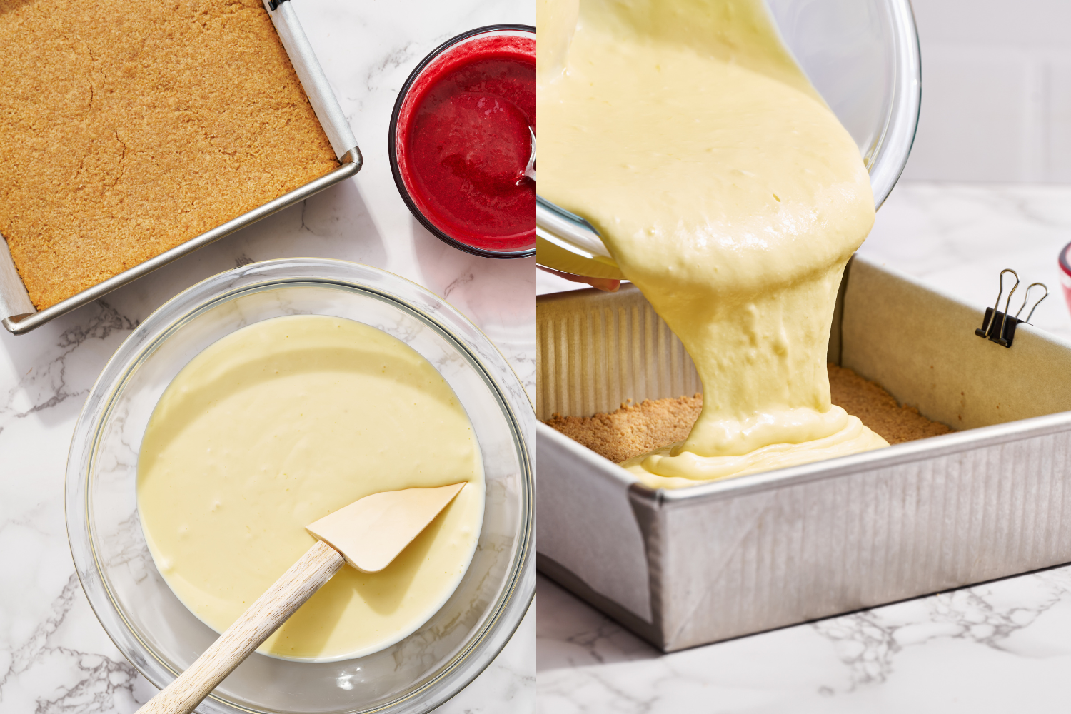two side-by-side images; one with a bowl of cheesecake ready to be poured into the pan with the prepared crust, and the other pouring the filling into the pan.