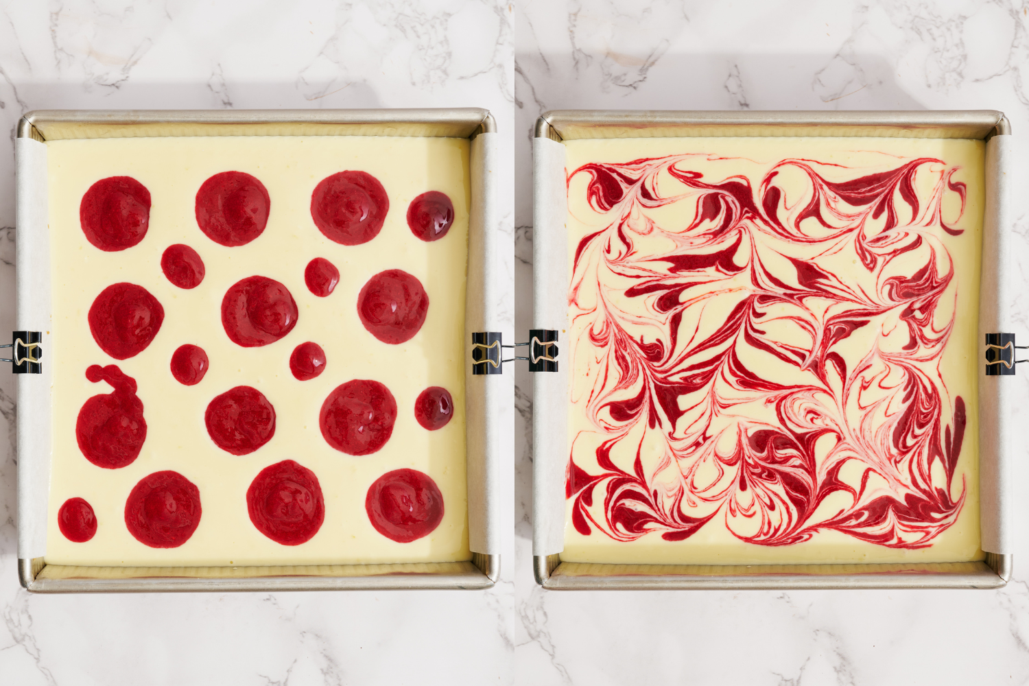 two side-by-side images; one with the raspberry puree dolloped on top, and the other with the puree swirled beautifully across the bars, before baking.