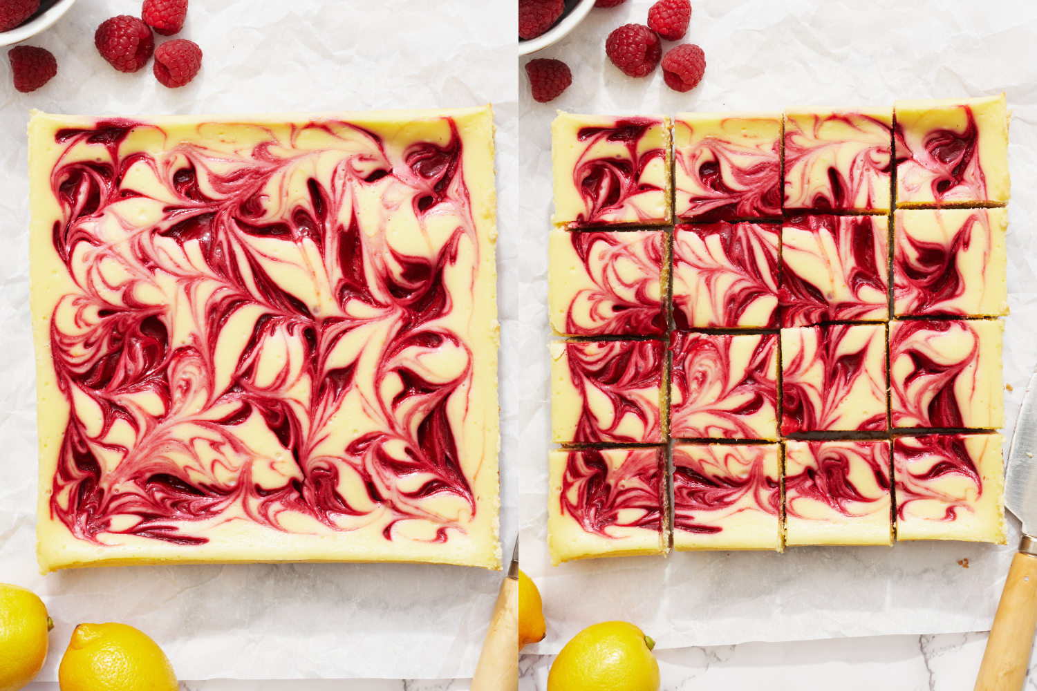 two side-by-side images; one with the raspberry lemon cheesecake bars as a whole slab, and the other after being sliced into bars.
