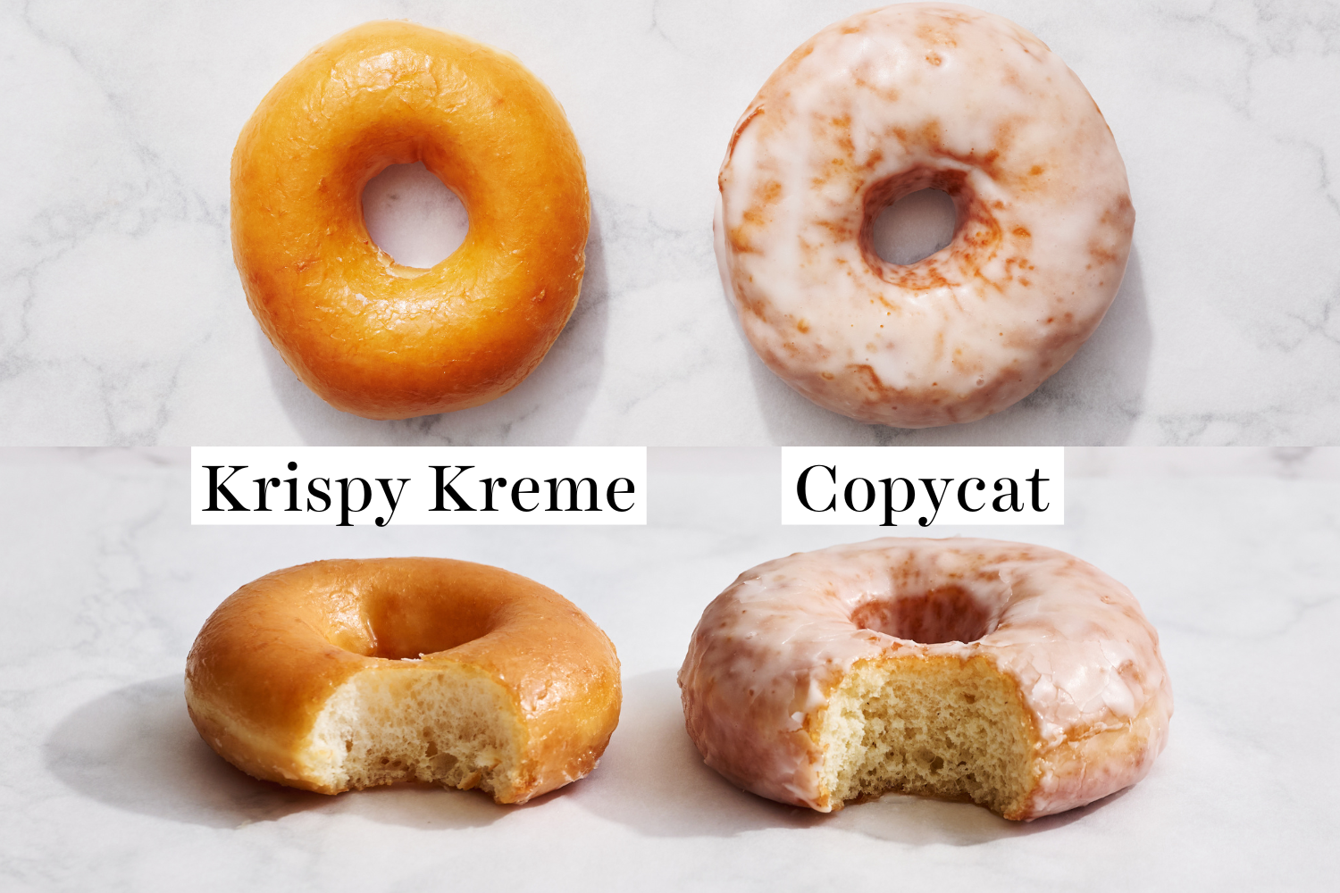 comparison shot of a storebought Krispy Kreme donut vs. a homemade copycat version. 