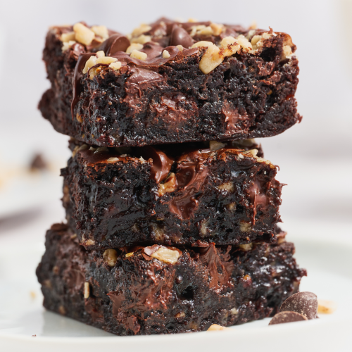 a stack of three toffee brownies.