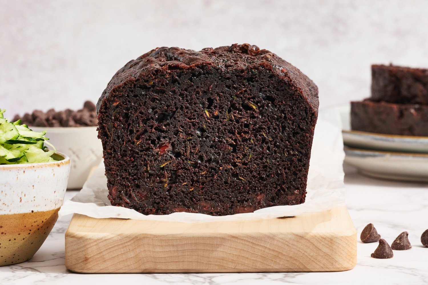 the sliced chocolate zucchini bread, highlighting how moist and rich this bread is.