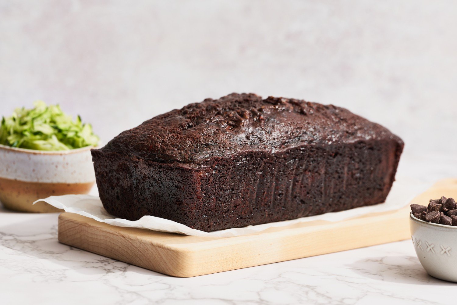 whole unsliced loaf of chocolate zucchini bread.