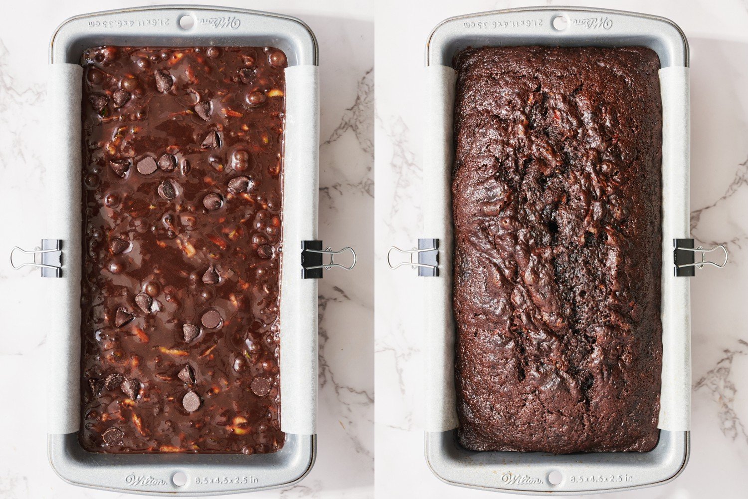 side-by-side images of the unbaked zucchini bread next to the baked zucchini bread.