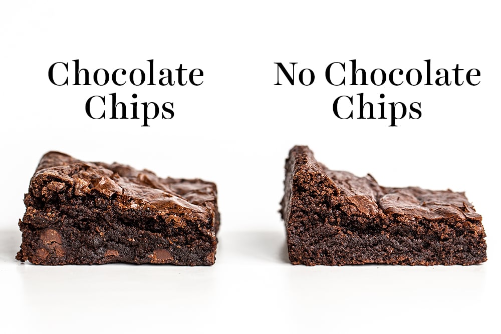 comparing two brownies: one made with chocolate chips and one made without