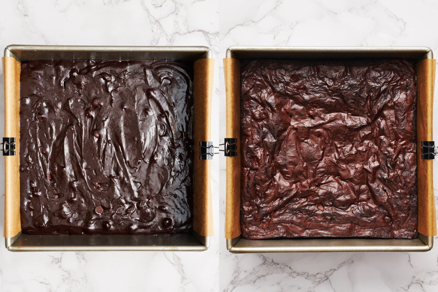 side-by-side pans of brownies - the first ready to bake, and the second baked.