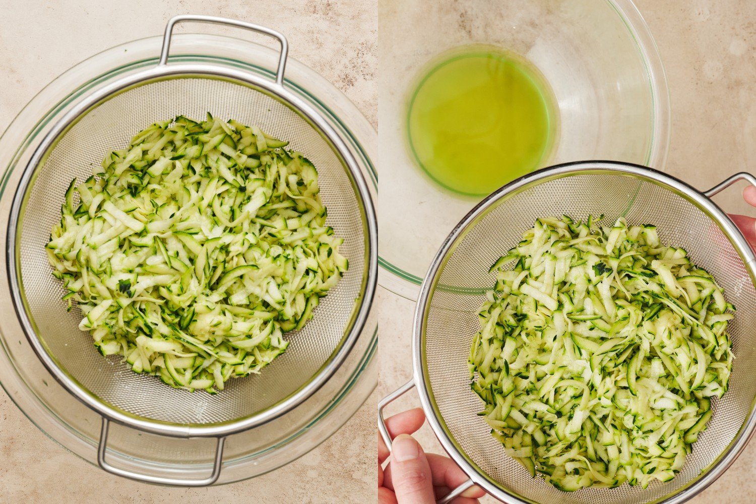 two side-by-side images showing the grated zucchini in a strainer over a bowl, and then removing the strainer after the excess liquid has drained.