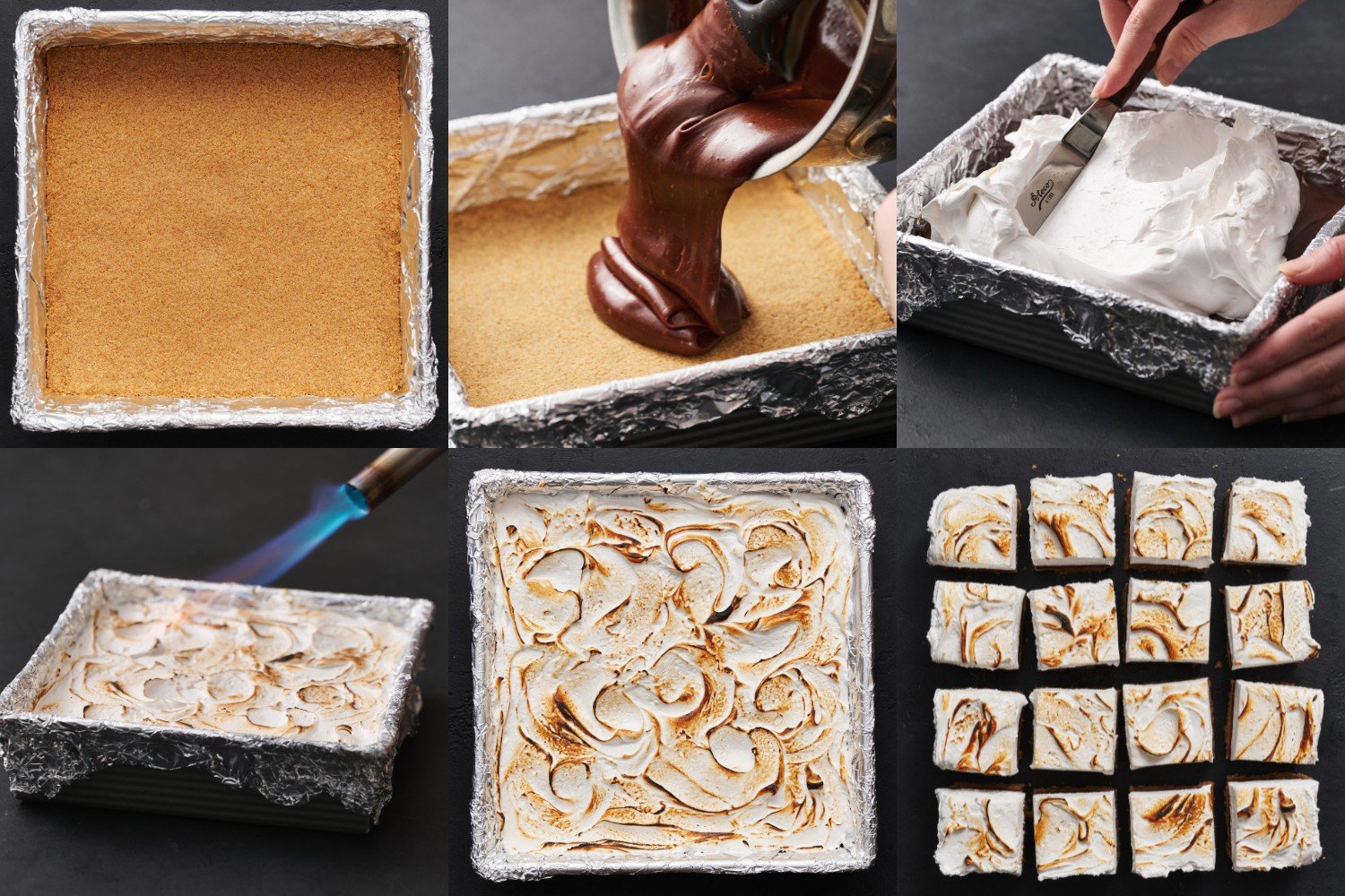 collage of six images, showing the crust before baking, then pouring on the chocolate layer, then spreading on the marshmallow layer, then torching the marshmallow, then the whole pan and the bars sliced up, ready to serve.