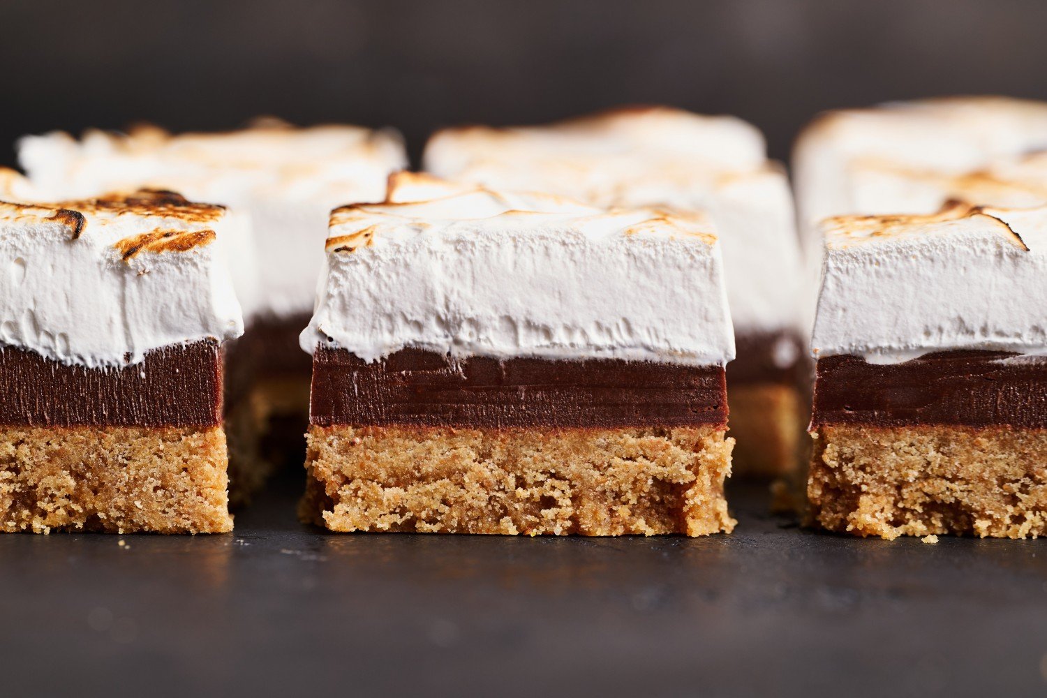 A lineup of sliced s'mores fudge bars on a dark background. 