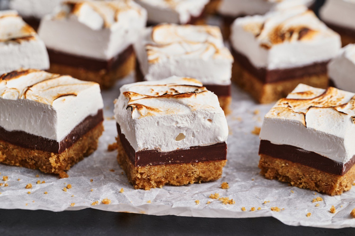 several s'mores bars on parchment paper, ready to serve.