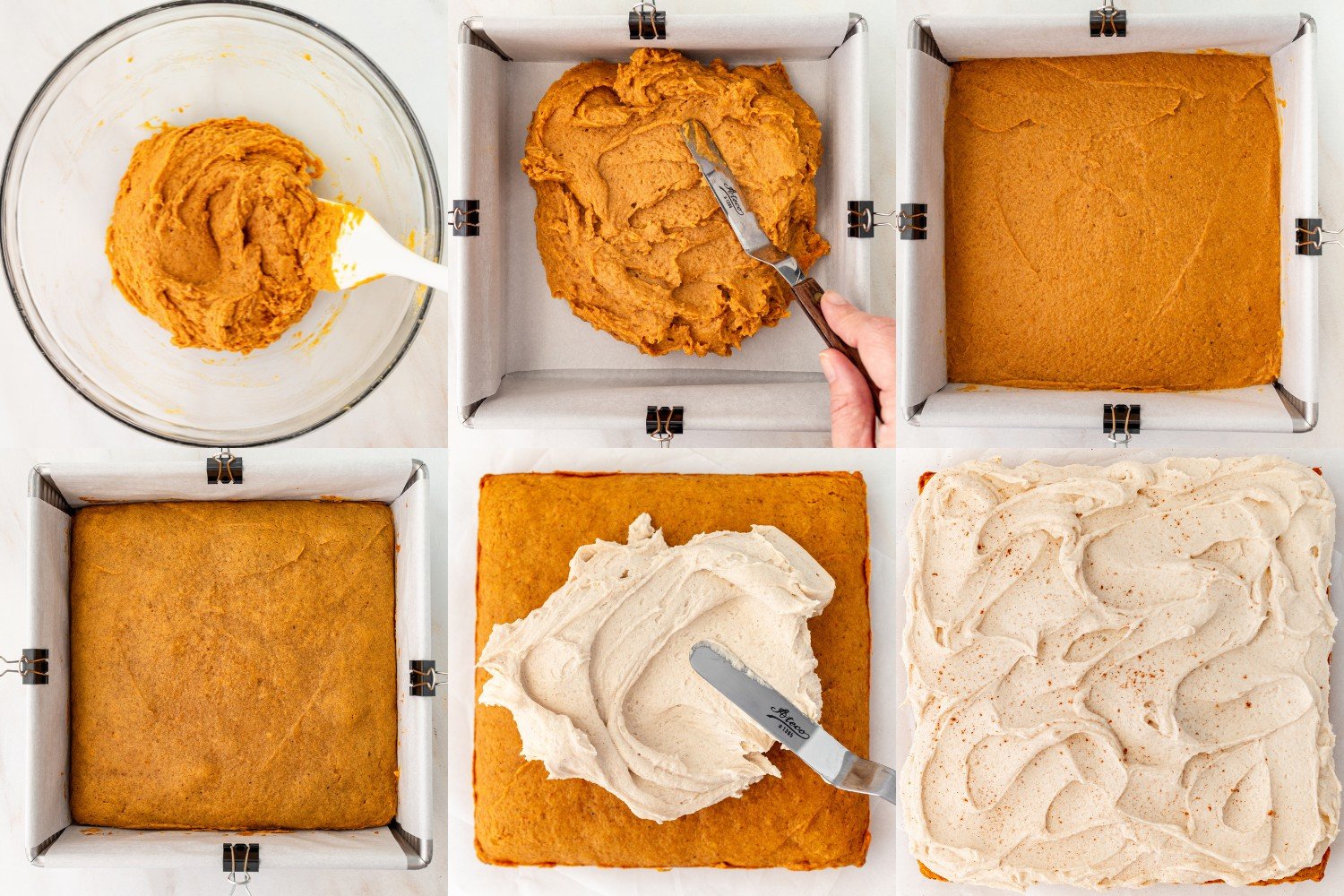 collage of six images showing step-by-step how to prepare, bake, and frost these pumpkin bars.