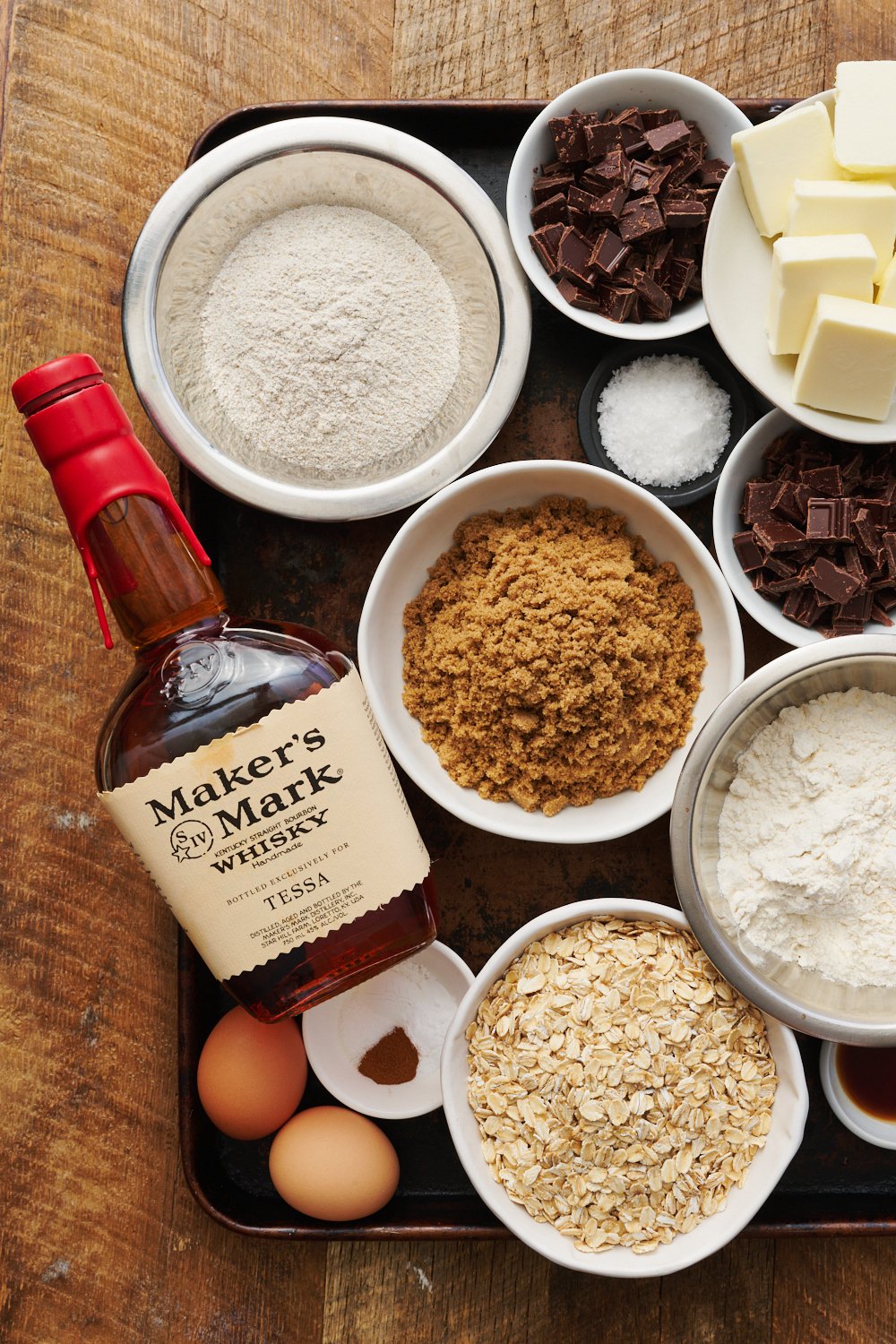 all ingredients needed for bourbon cookies, measured out and ready to prepare.