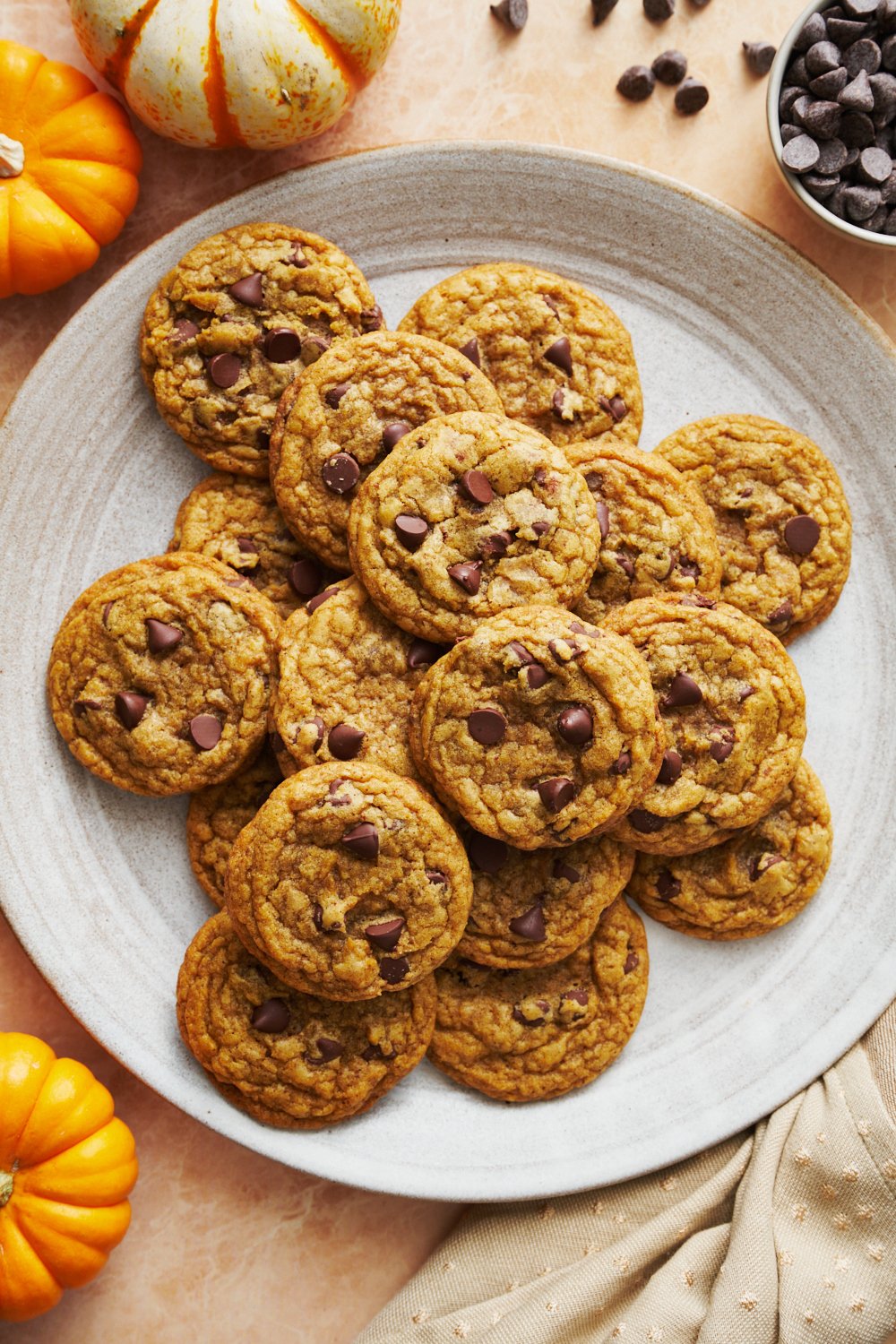 plate of chocolate chip pumpkin cookies on a white plate.