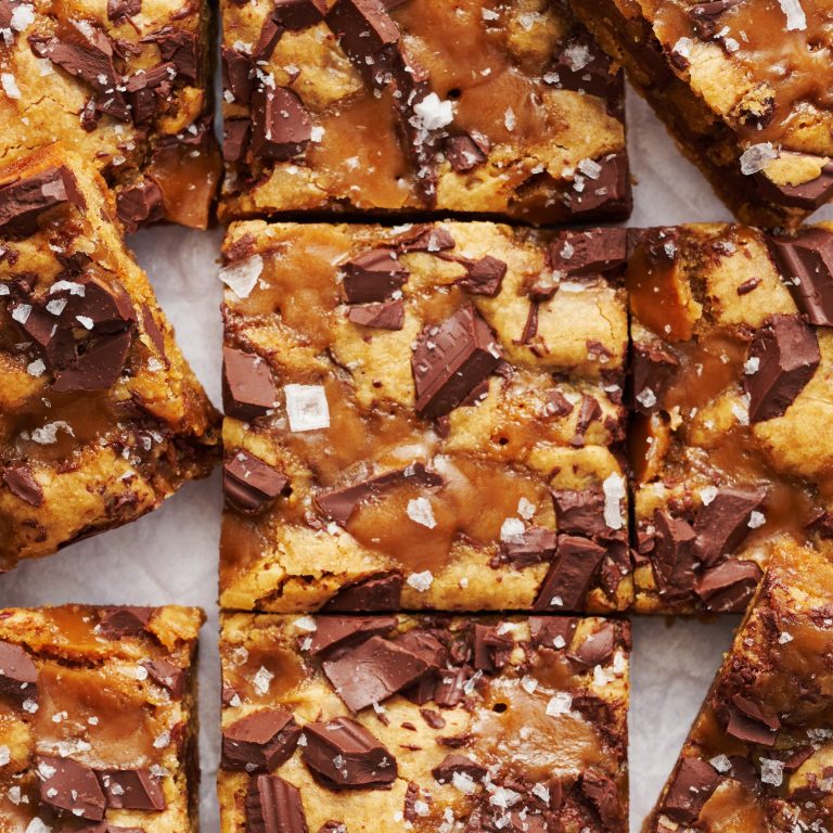 peanut butter cookie bars cut into squares, ready to serve.