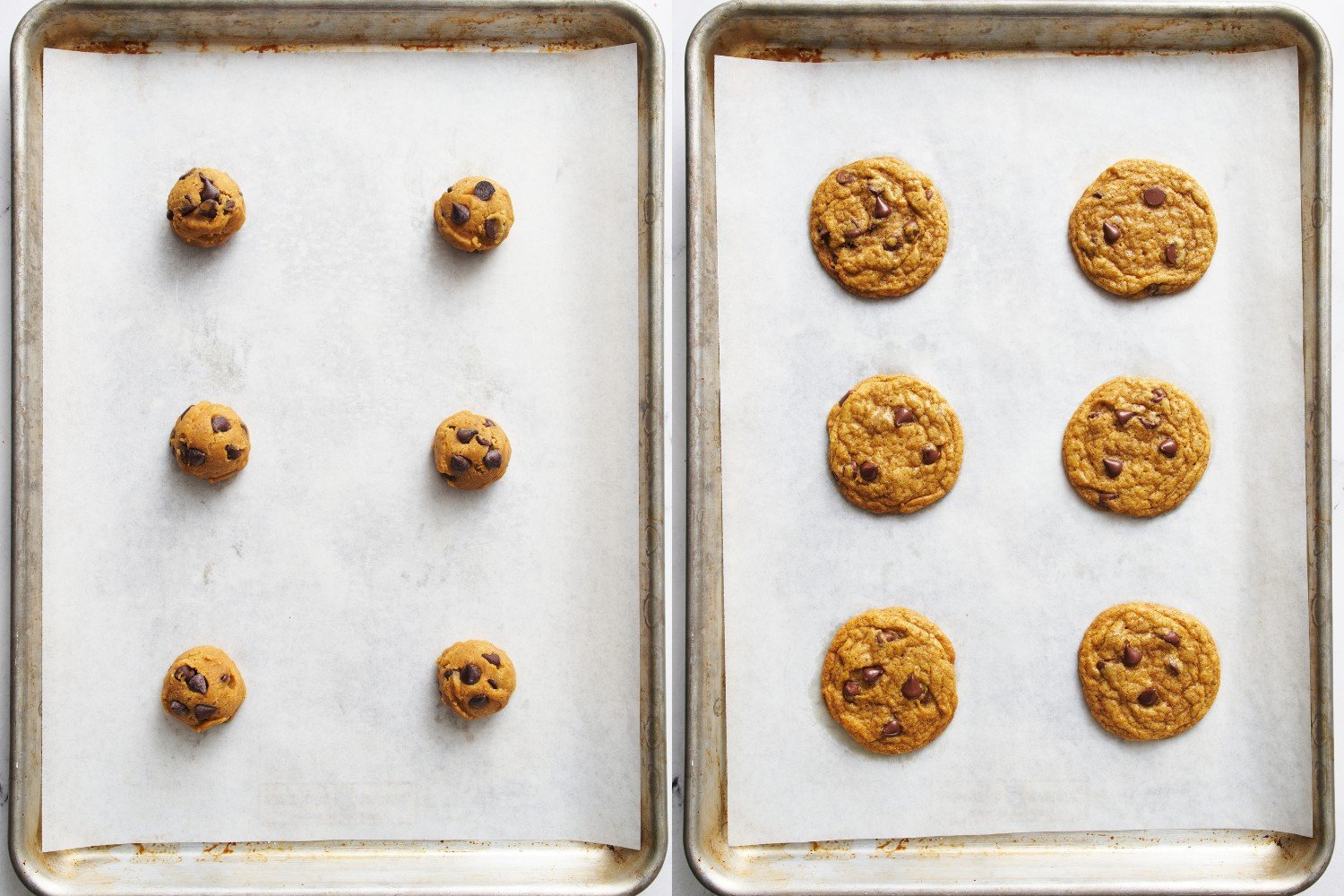 two side-by-side trays of pumpkin cookies, before and after baking.