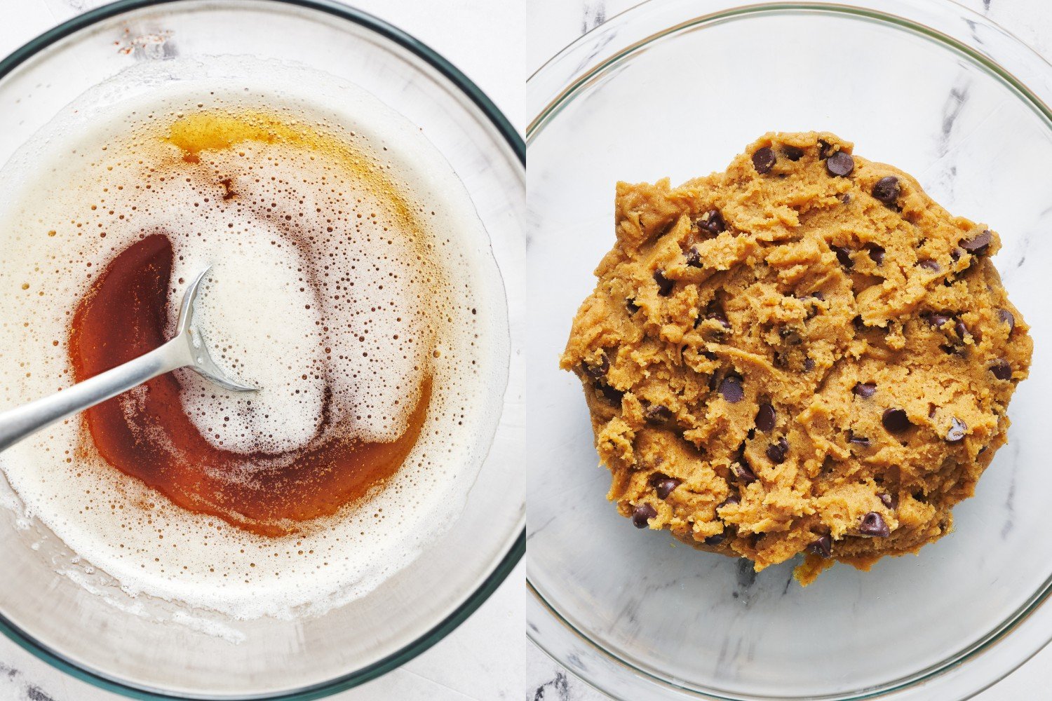 two side by side bowls - one with the browned butter, and the other once it's been incorporated with the other ingredients to form our cookie dough.