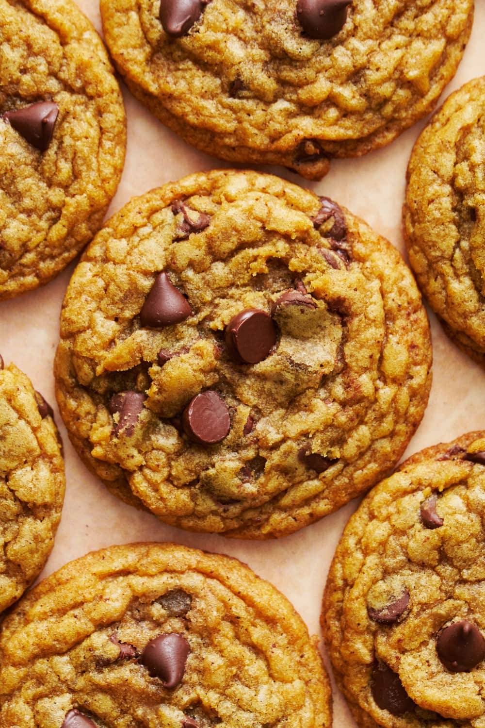 overhead shot of soft, chewy brown butter pumpkin chocolate chip cookies