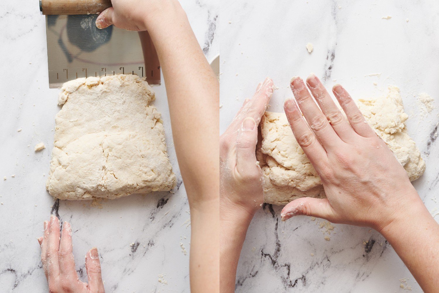 dough being folded again and patted into shape.