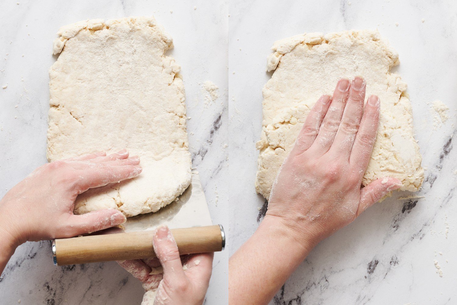 dough being folded using a bench scraper.