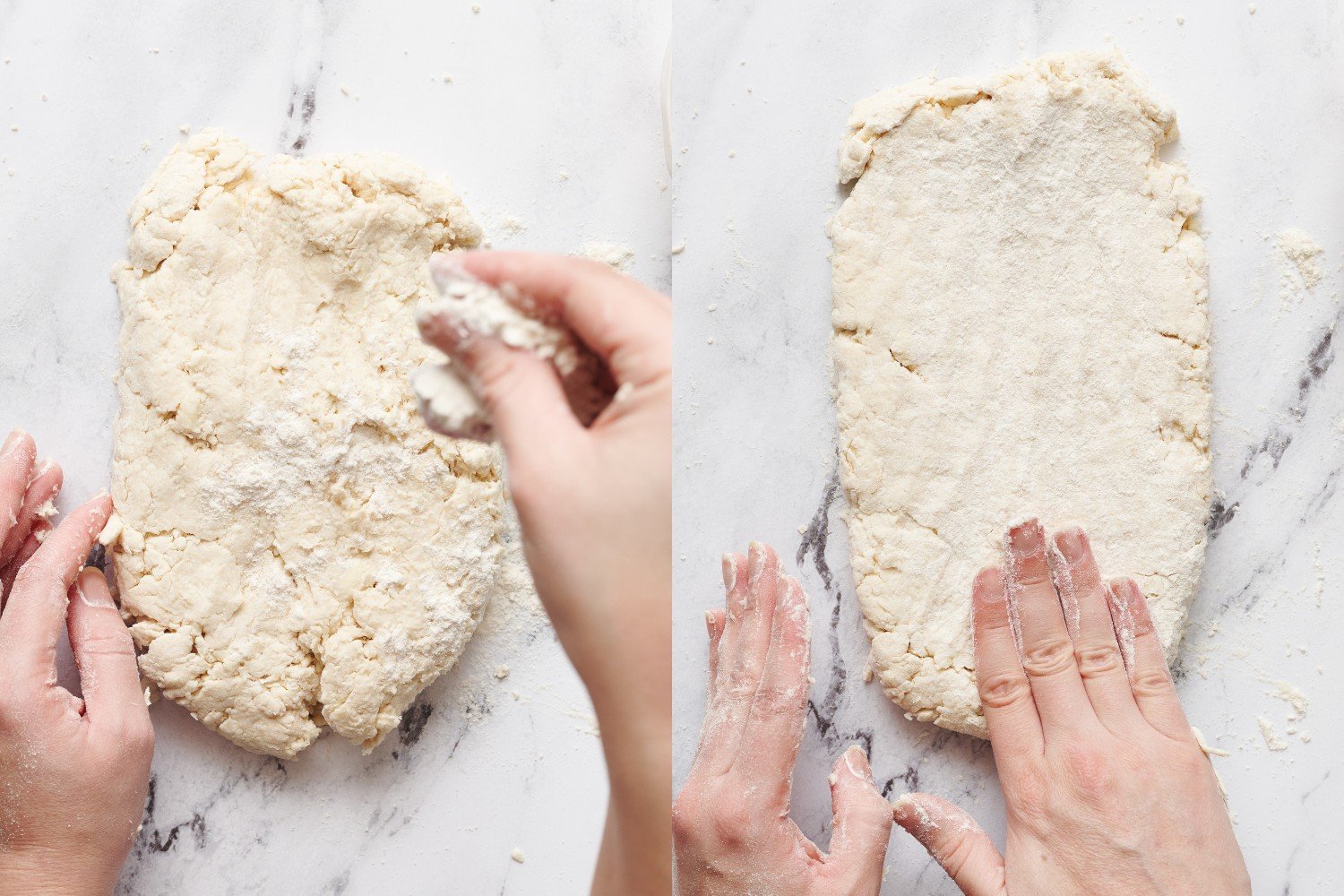 dough on a marble surface being sprinkled with flour and being patted out more.