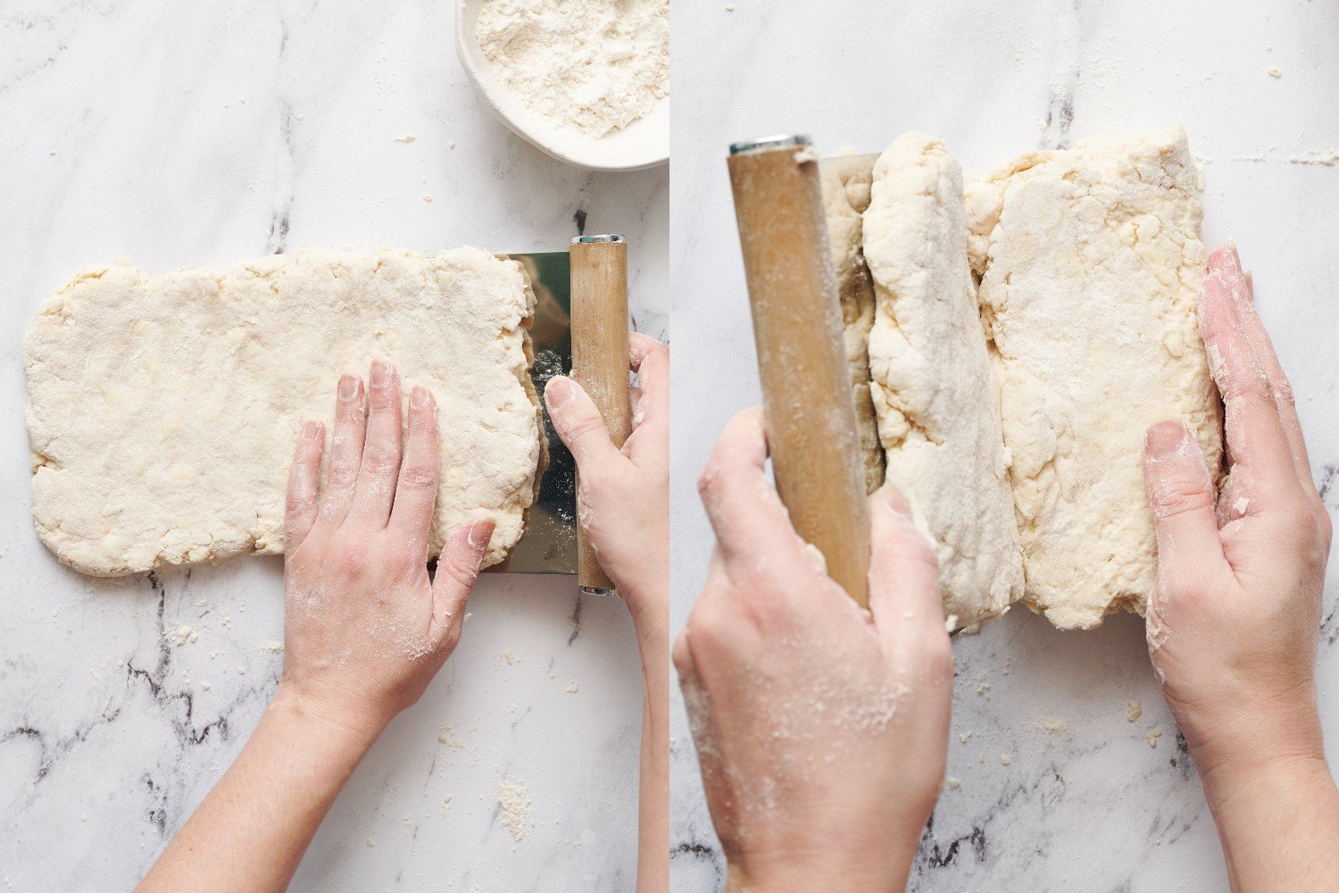 using a bench scraper to shape and laminate the dough one final time, to ensure tall biscuits.