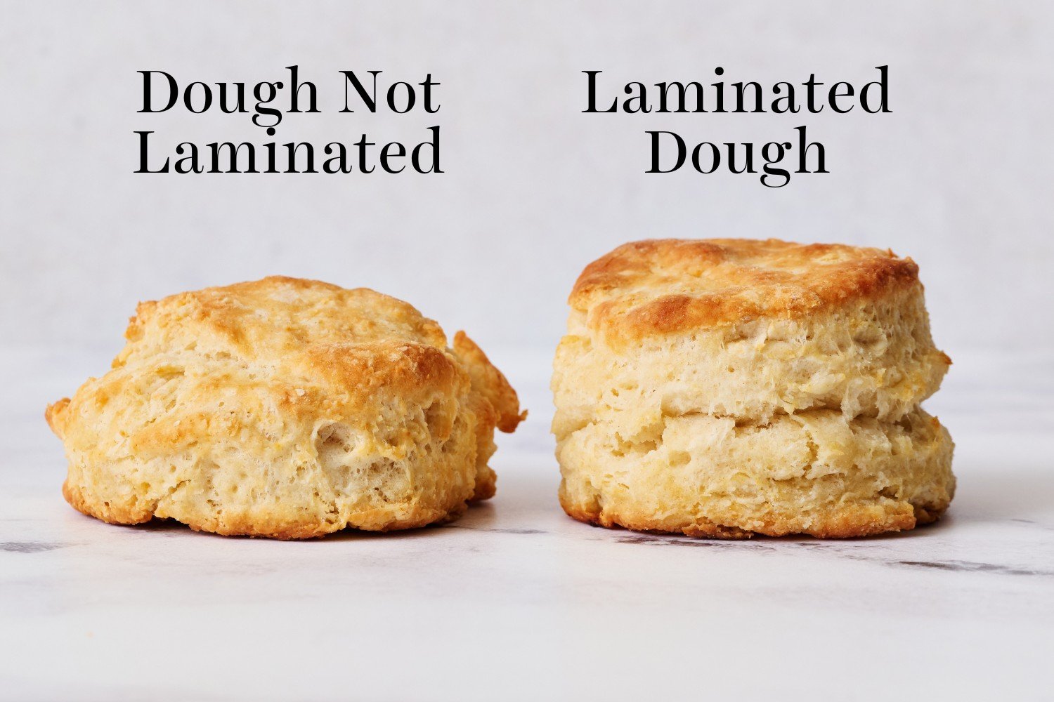 two side-by-side biscuits - one not laminated and the other laminated. The laminated one is much taller.