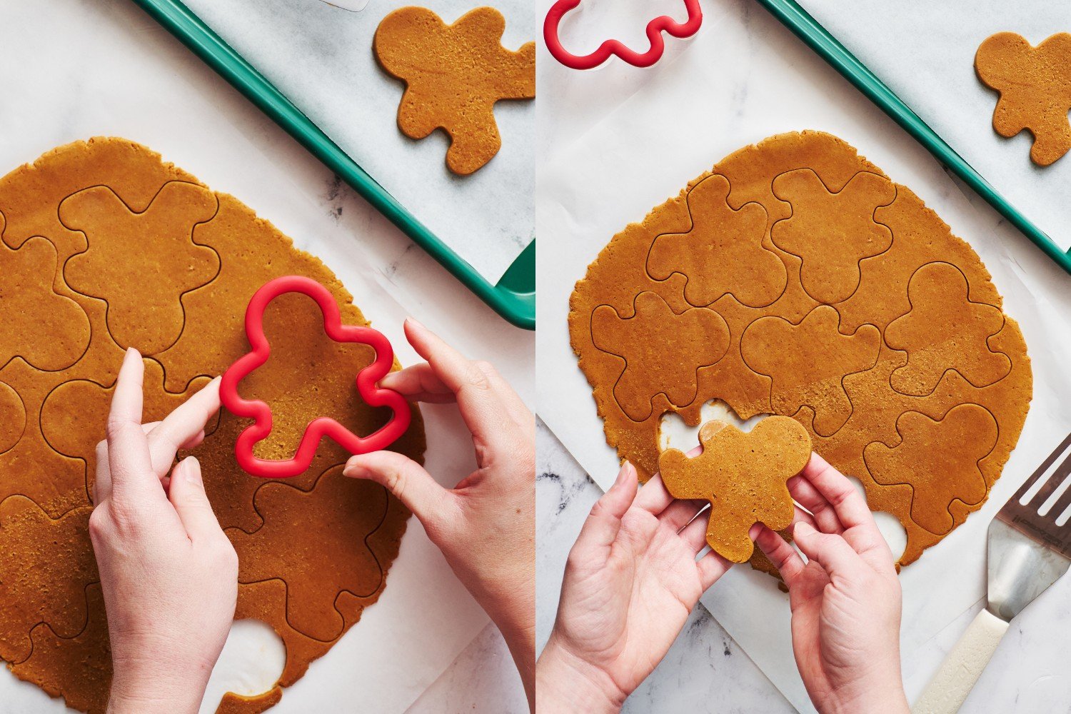 rolled-out cookie dough being cut using a red cookie cutter.