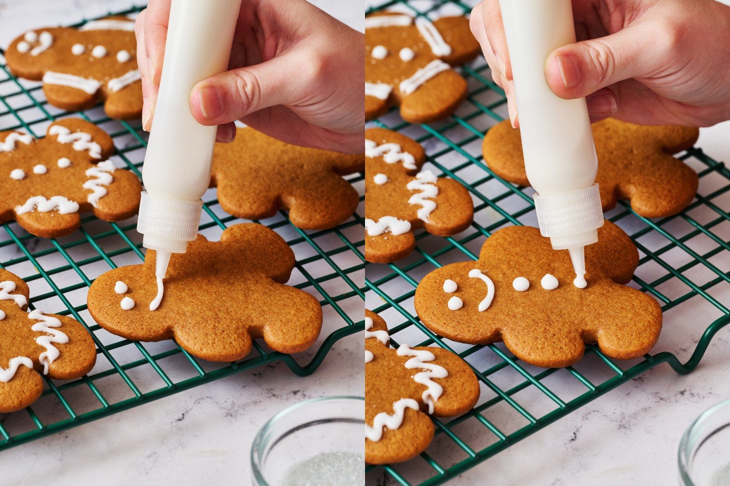 white icing being piped onto the cooled cookies using a small squeeze bottle.