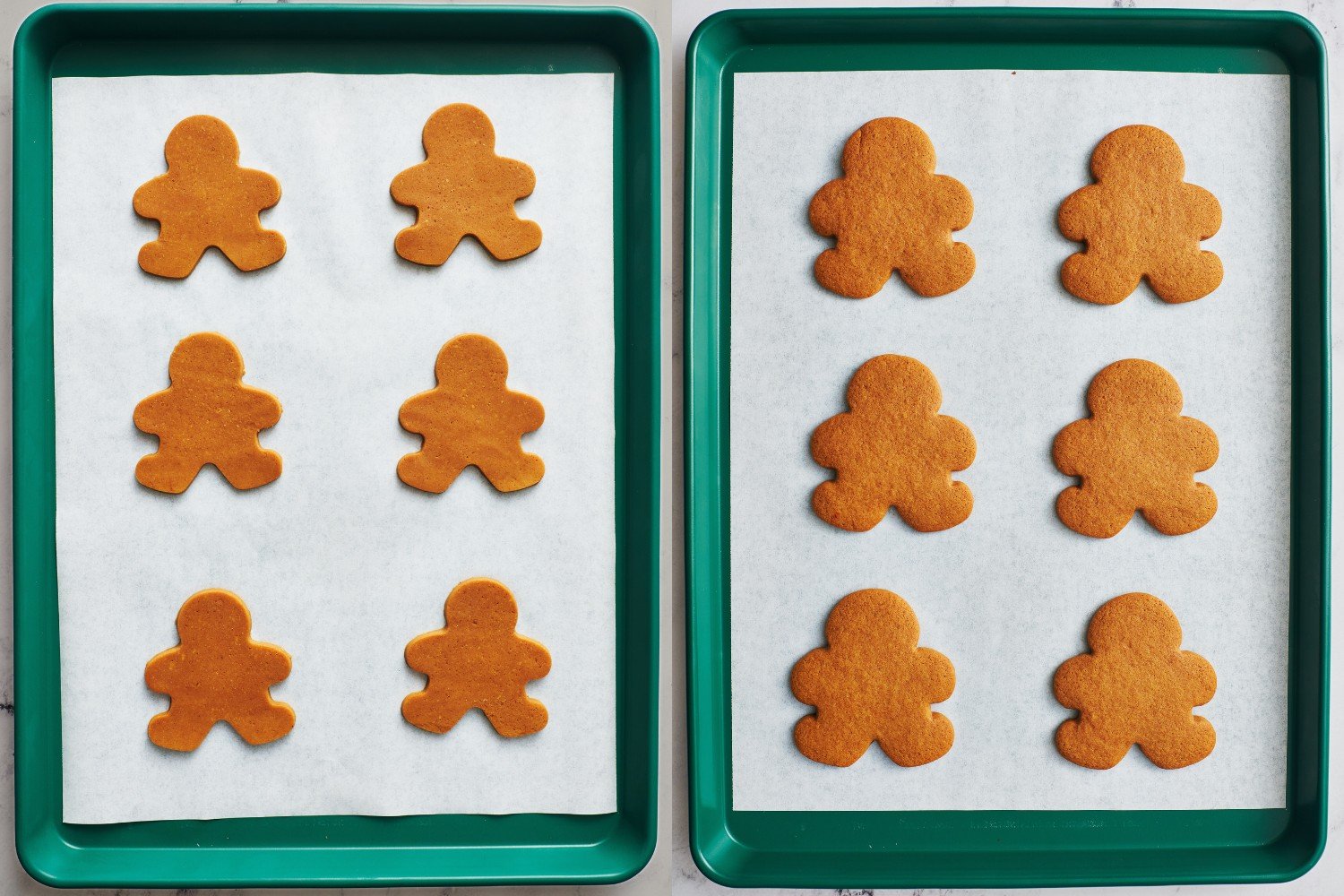 two side-by-side baking trays of gingerbread men, before and after baking.