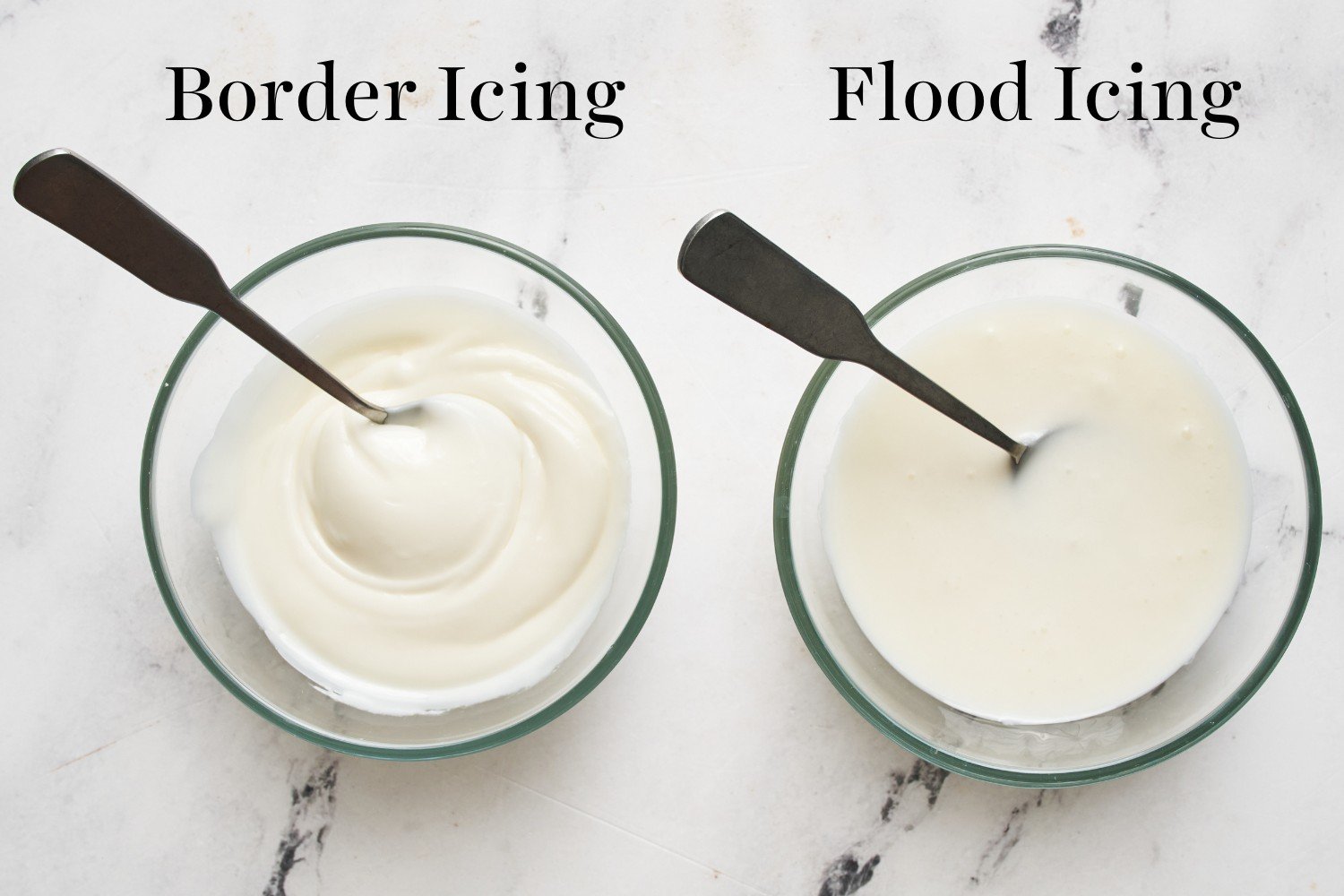 two small glass bowls, side-by-side: one with the border icing, and the other with the flood cookie icing. 