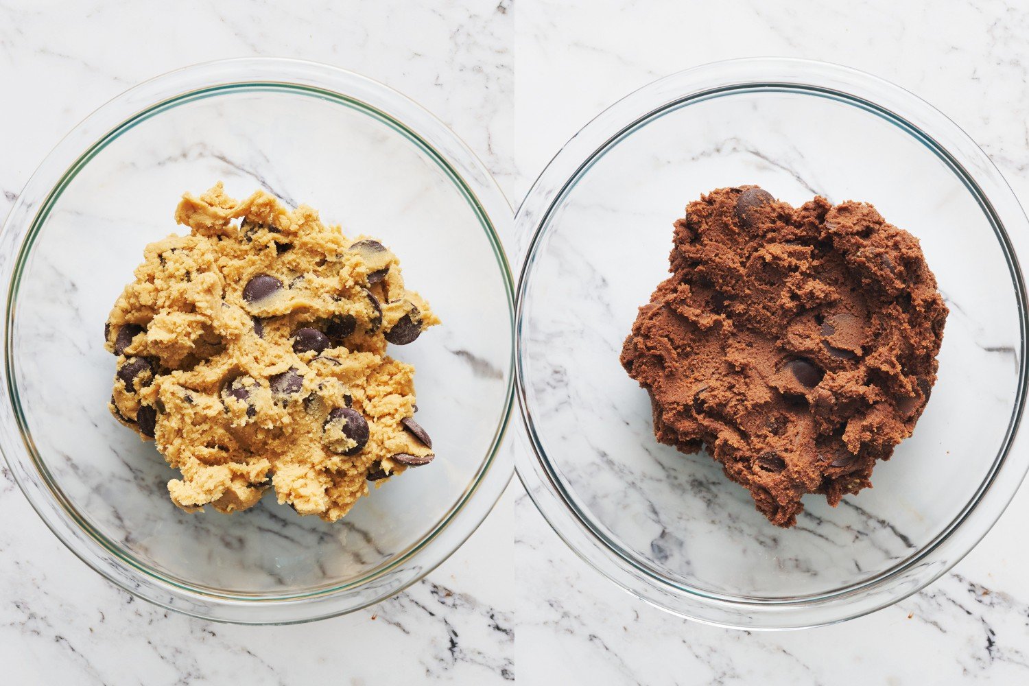 two glass bowls, one with classic chocolate chip cookie dough, and the other with double chocolate cookie dough.