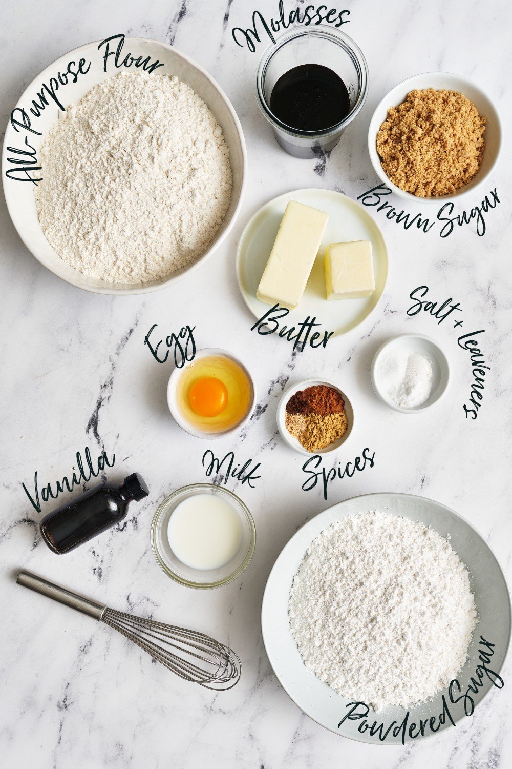 mise en place of all ingredients needed for this recipe, labelled on a marble background.