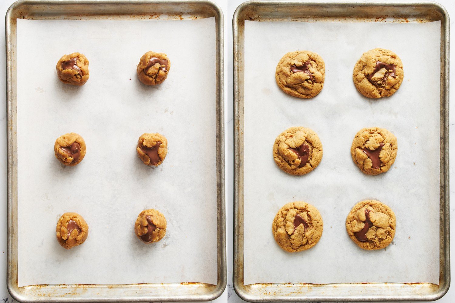 side-by-side images of filled dough on a baking tray, before and after baking.