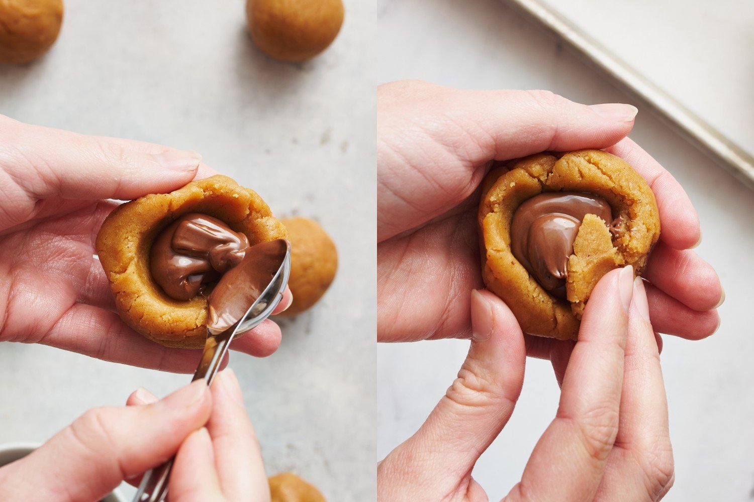 side-by-side images of a ball of cookie dough being filled with Nutella, then the dough being shaped around to partially close the dough up around the filling.