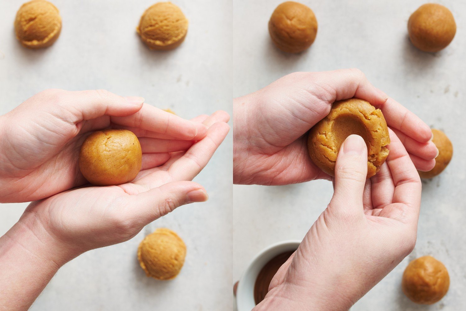 side-by-side images of a ball of cookie dough being shaped into a round ball, then a well created in the middle of the ball.