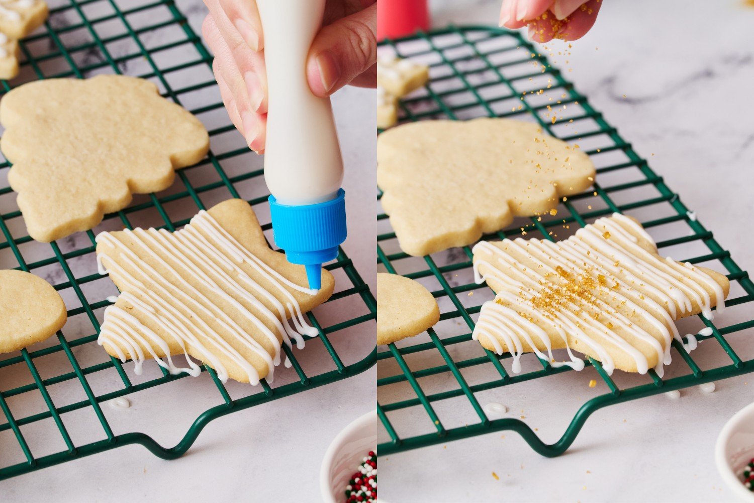 a star-shaped cookie being simply drizzled with icing and topped with sprinkles.