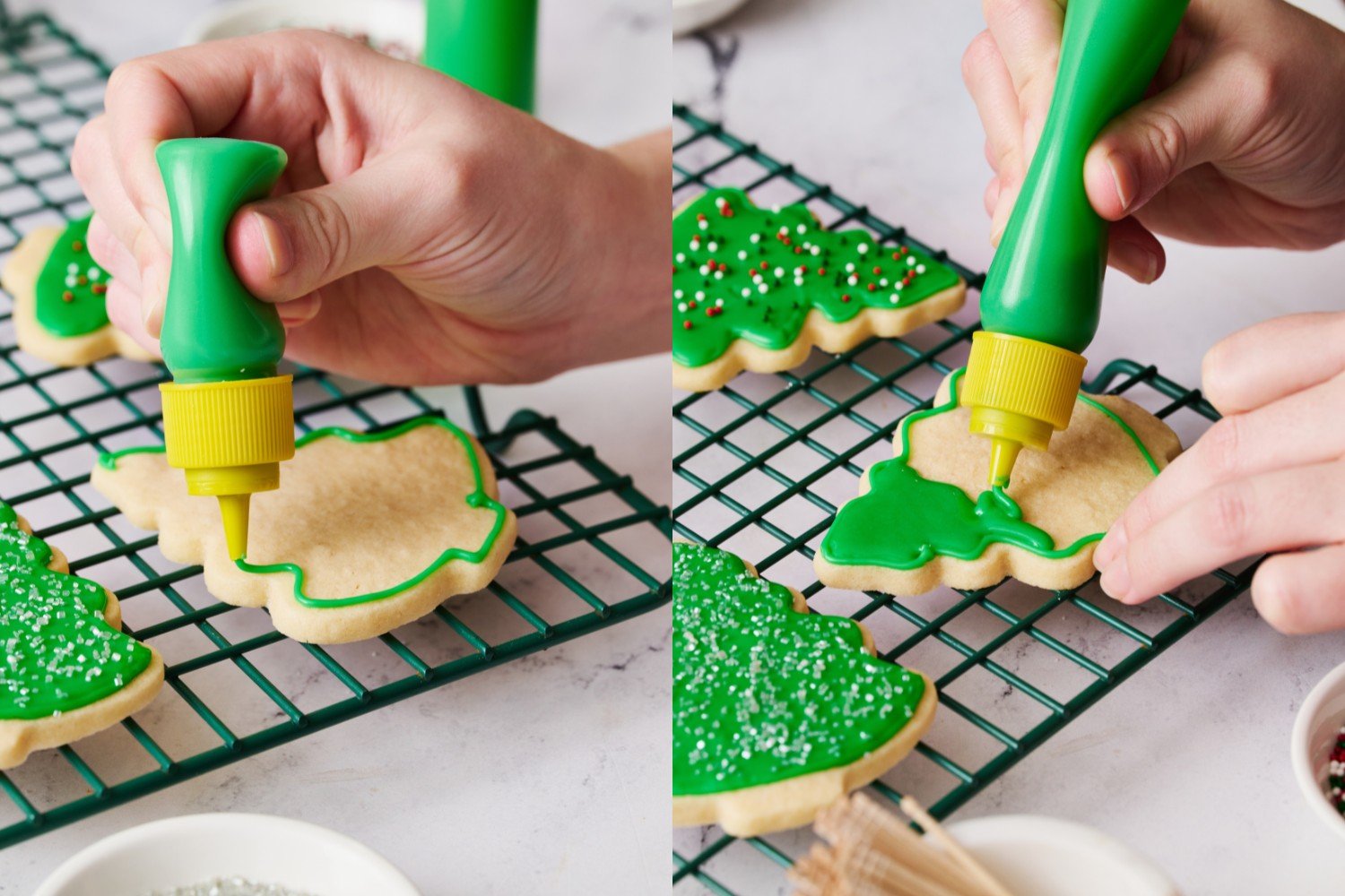 two side by side images showing a christmas tree cookie being outlined with border cookie icing, then flooded with flooding sugar cookie icing.