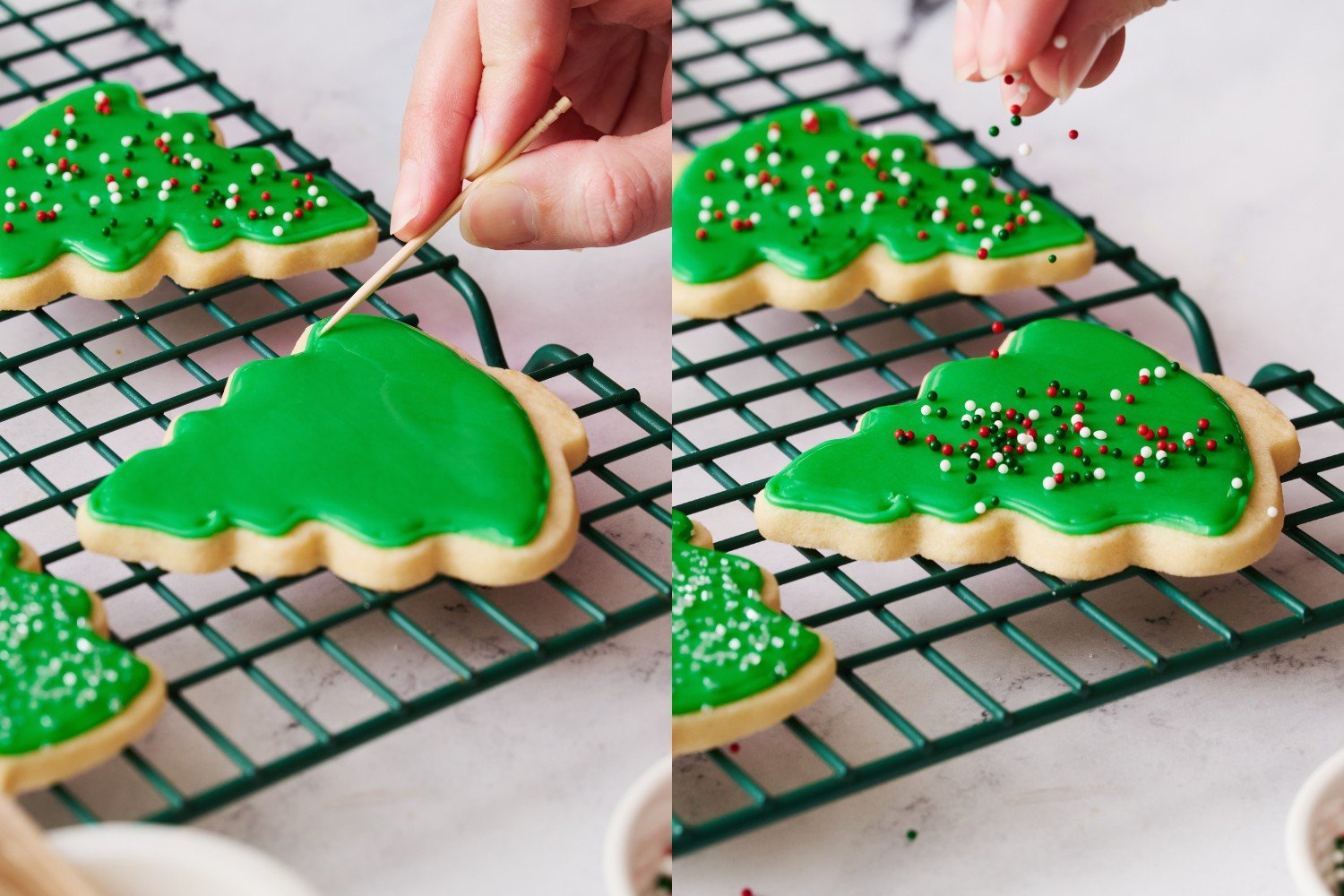 two side by side images showing a toothpick being used to encourage the cookie icing all the way to the edge, and then being topped with sprinkles. 