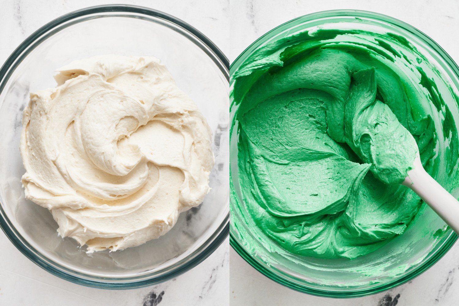 two side-by-side bowls of icing - one plain white, and the other tinted green.