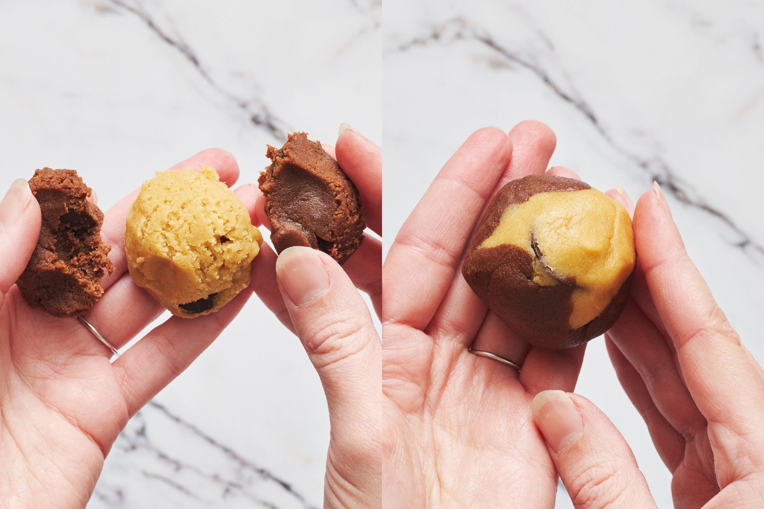 two side-by-side pictures showing how to shape these Marbled Chocolate Chip Cookies by tearing one dough ball in half, sandwiching it with the other dough ball, and rolling it smooth.