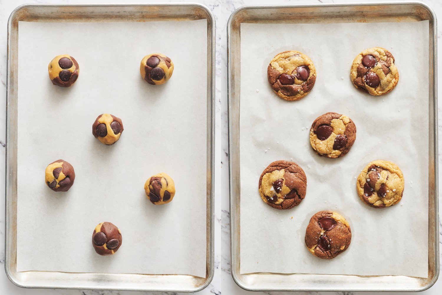 side-by-side baking trays full of cookie dough balls, before and after baking.