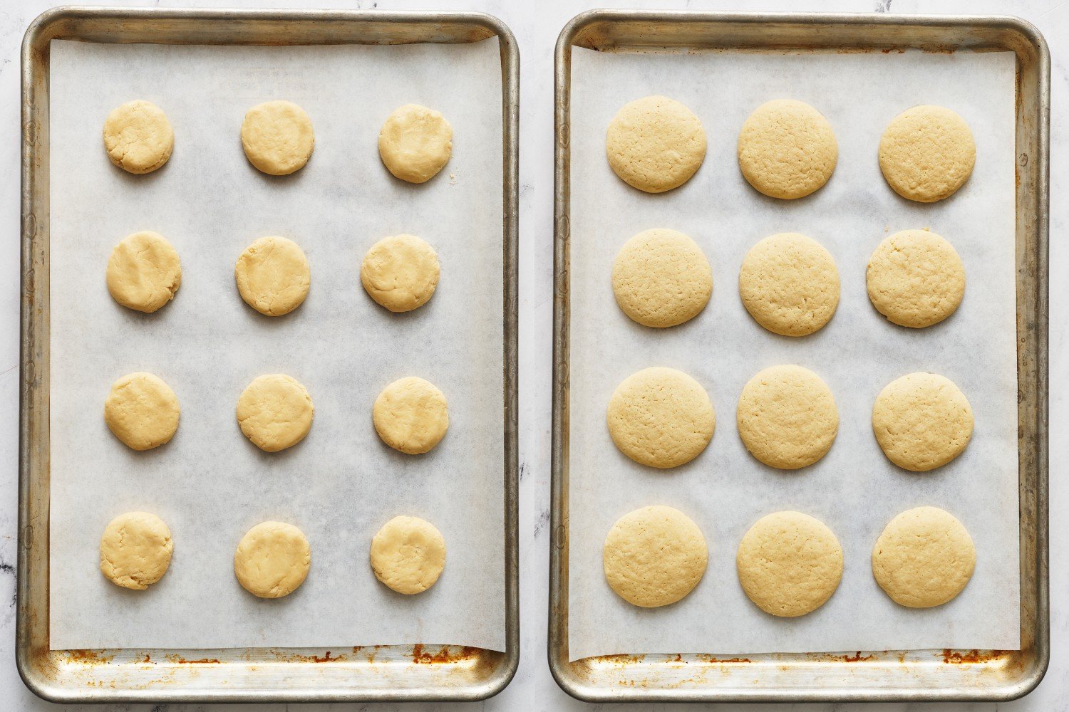 two side-by-side trays of cookies, before and after baking.