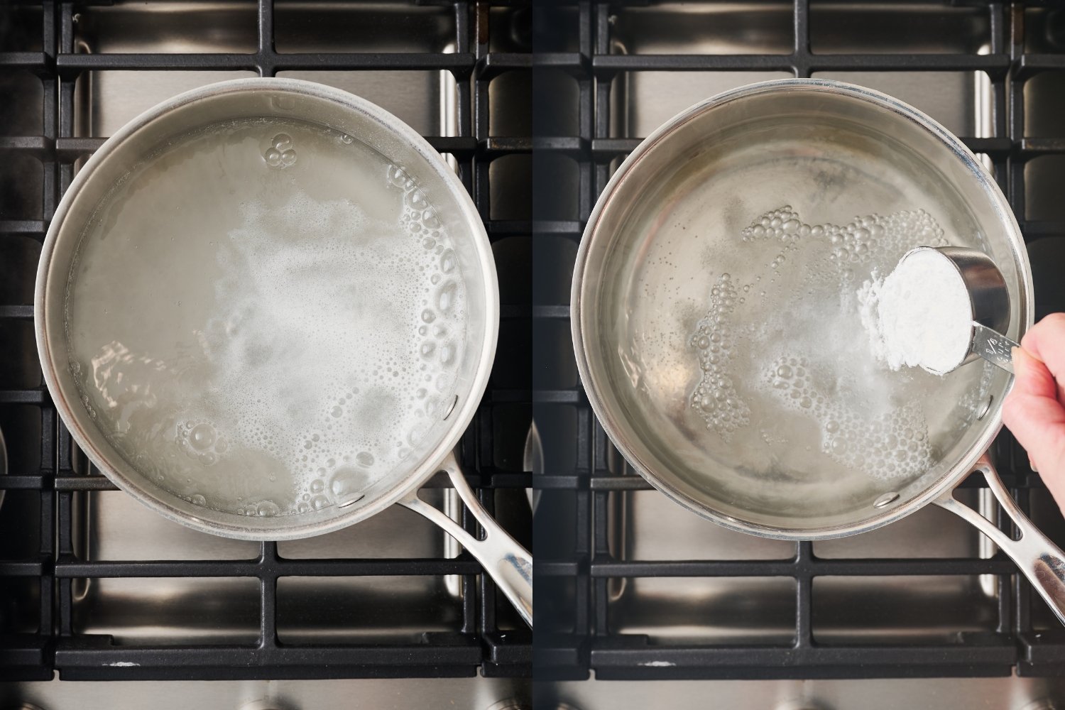 baking soda being added to boiling water in a saucepan.