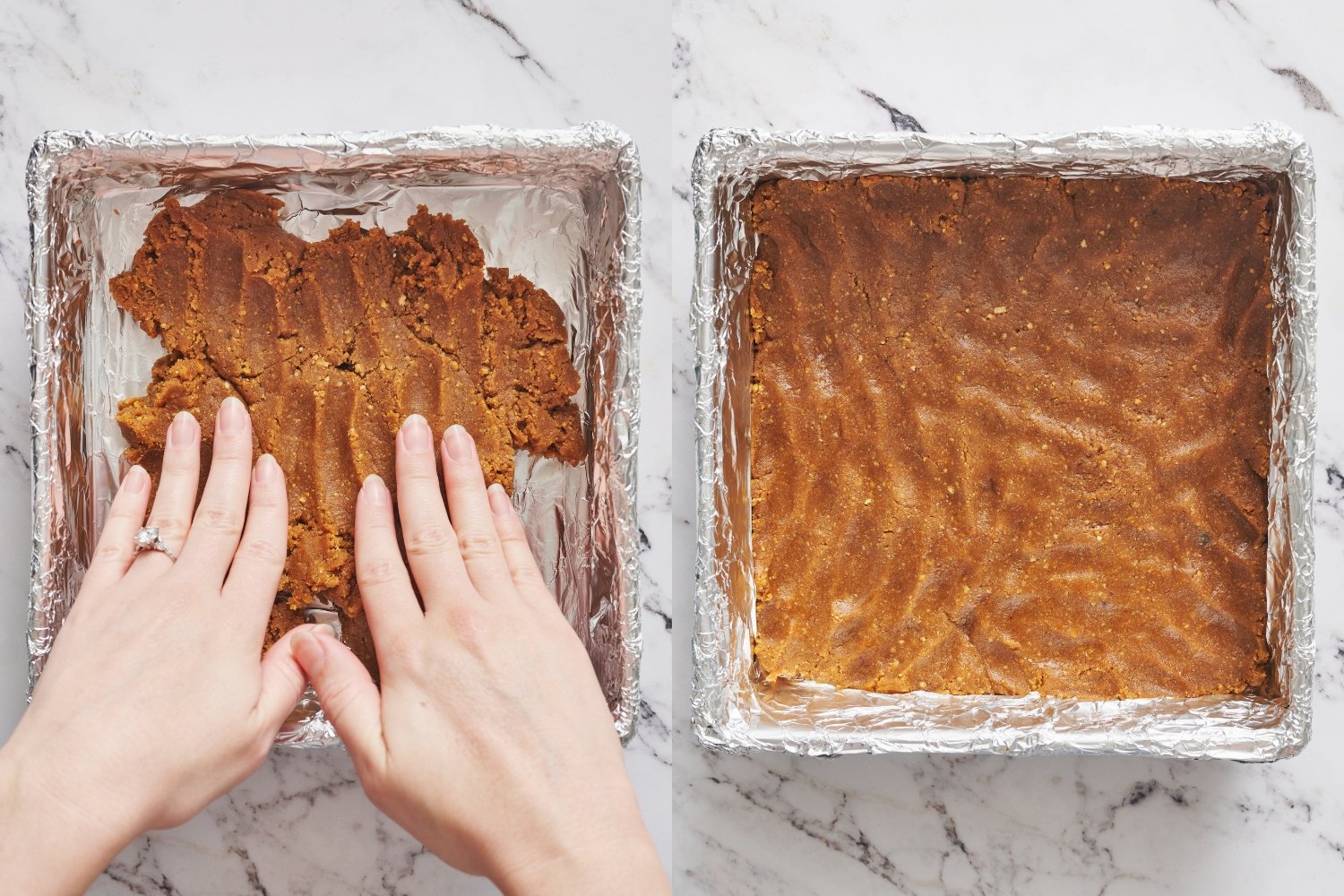 two side-by-side images showing the bottom layer of blondie dough being pressed into the prepared baking pan.